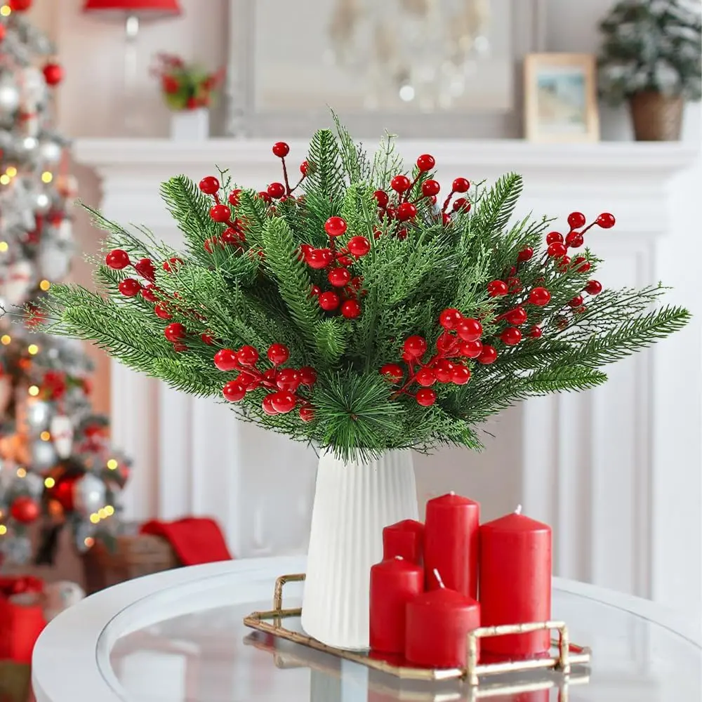 40 PCS Artificial Pine Branches Christmas Faux Pine Greenery Stems Red Holly Berries Fake Cedar Pine Needles Picks for Christmas Tree Wreath Garland DIY Crafts Holiday Home Decoration