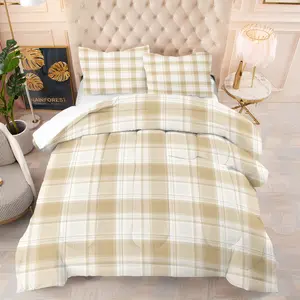 Beige Striped Checkered Print Bedding Set, Including 1 Comforter And 1 Or 2 Pillowcases Without Pillow Inserts, Bedroom Decor