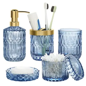 Bathroom Accessories Set, 5Pcs Clear Blue Glass Bathroom Set, Luxury Soap Dispenser Set with Lotion Dispenser, Toothbrush Holder, Soap Dish, Tumbler, Cotton Swab Jars Canister, Bathroom Decor