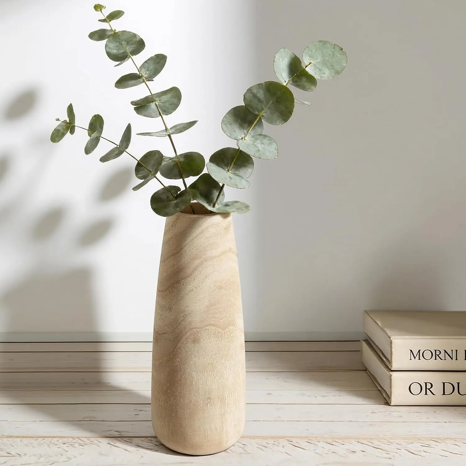 Handmade Solid Wooden Vase - 12-in Main Option, 9-in Available, Smooth Surface, Stable Flat Base, Natural Grain Variations, Warm Neutral Rustic Farmhouse Boho Indoor Home Decor for Dried Flowers, Living Room (All Seasons)