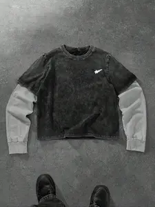 Men's washed distressed faux two piece, simple pattern, crew neck pullover, sports casual everyday wear, commuting, vacation, back to school, gift for boyfriend/husband, unisex, back to school, emo style, 2000s style, fall