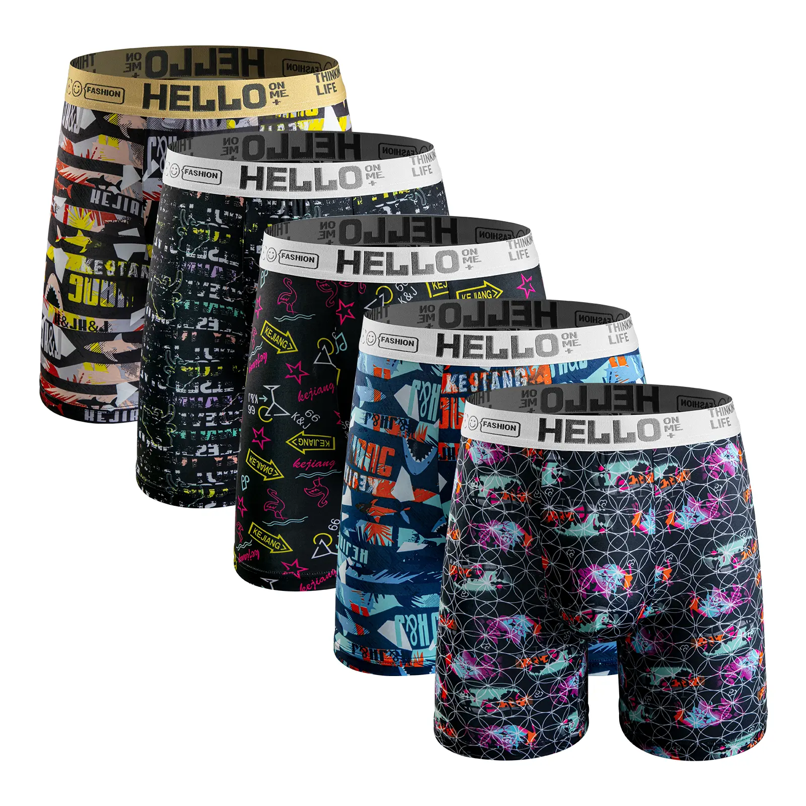 [5pcs/Pack] Men's Extended Length Underwear| Extra Long Leg Design Prevents Riding Up! Ultra-soft fashionable athletic underwear for all-day comfort. graffiti boxer brief Print Menswear Slim Fit