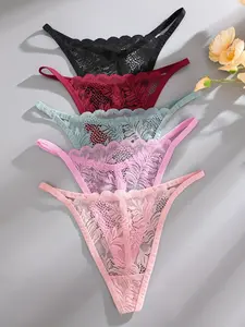 Women's Lace Leaf Patchwork Print Underwear Set, Everyday Comfortable Breathable Low Waist Fit Thong Panties, 5 Pieces, Sexy Ladies' Lingerie