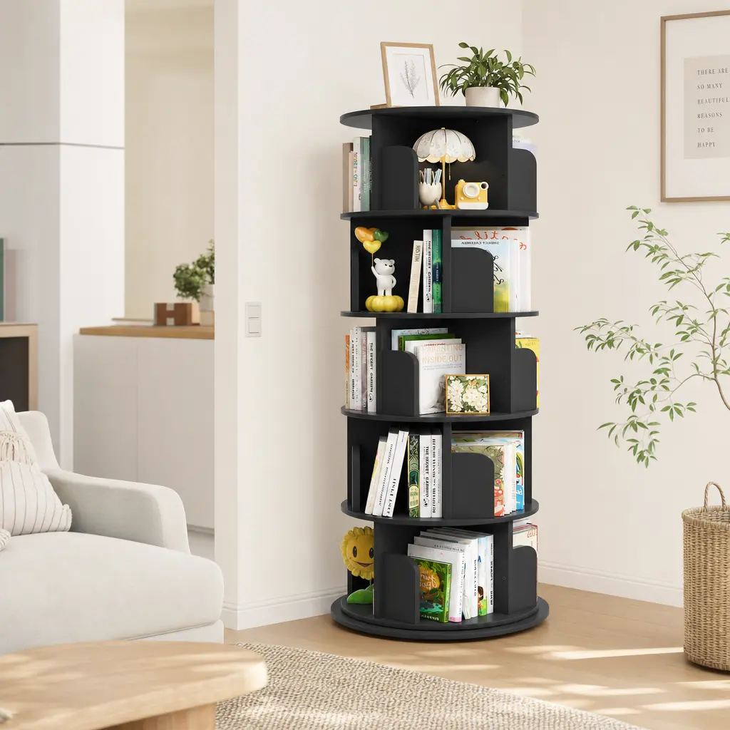 Homieasy 5 Tiers Rotating Bookshelf, 360 Display Wood Spinning Bookshelf Tower, Floor Standing Bookcase Storage Rack, Revolving Bookcase Corner Bookshelf for Small Space, Bedroom, Study Room