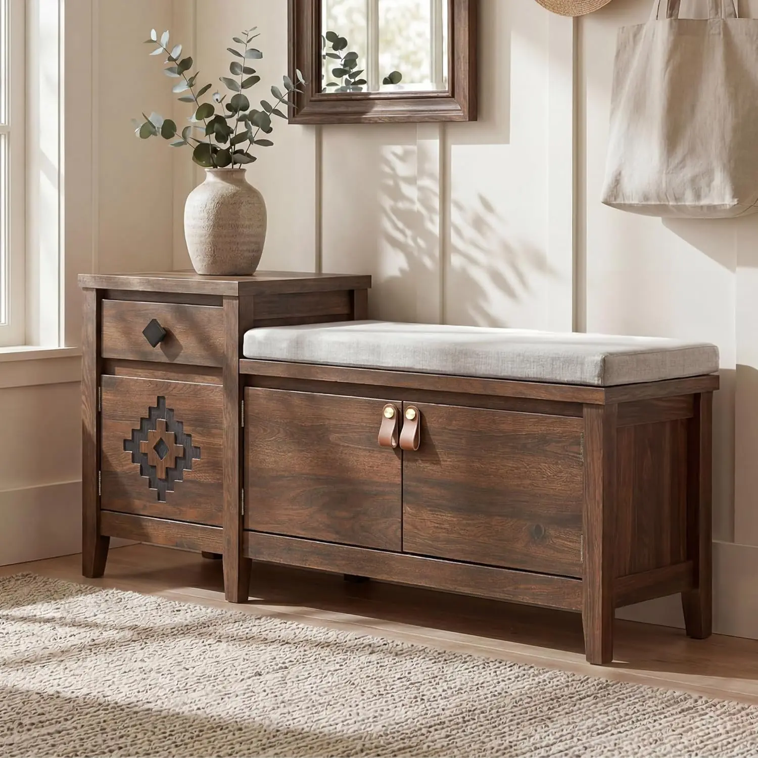 Entryway Bench with Storage, 3 in 1 Storage Bench with 1 Drawer and 2 Cubbies, 44" Rustic Wooden Seat with Cushion for Living Room, Bedroom, Entry Hall (Walnut)