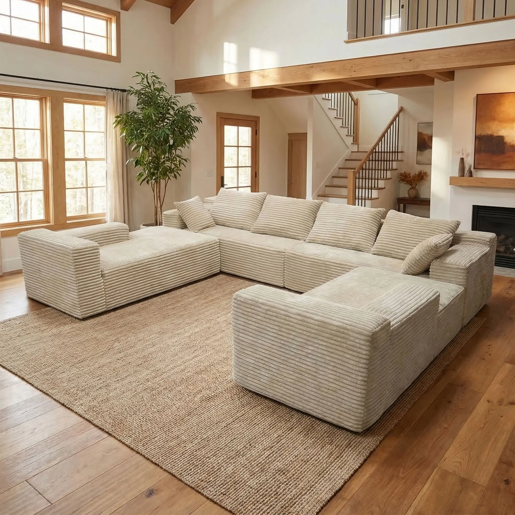 QIMENG Corduroy Upholstered Sectional Couch - 139-in Oversized 7-Seater U-Shaped Configurable, 4-in-1 Multi-Purpose No-Assembly Living Room Sofa with Fixed Arms, Extra-Deep Memory Foam Chaise Lounges (Dark Gray White)