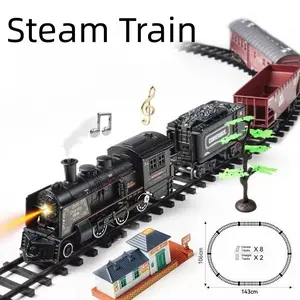 Electric Steam Locomotive Set, Metal Train Carriages, Simulated Whistle Sound, 3 Metal Cars, Track Puzzle Decoration, Battery Operated