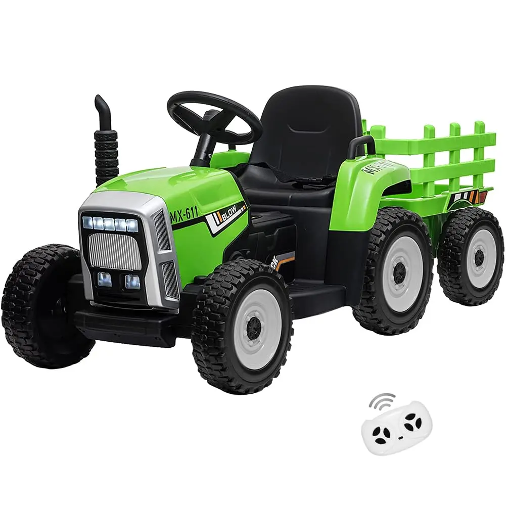 【GARVEE】12V Toddler Electric Ride-On Tractor with Green Trailer, Remote Control, Slow Start, 7 LED Headlights, USB Music Player, 2+1 Gear Shift, 35W Motor, EVA Tires - Safe and Fun Battery Powered Vehicle for Ages 2+