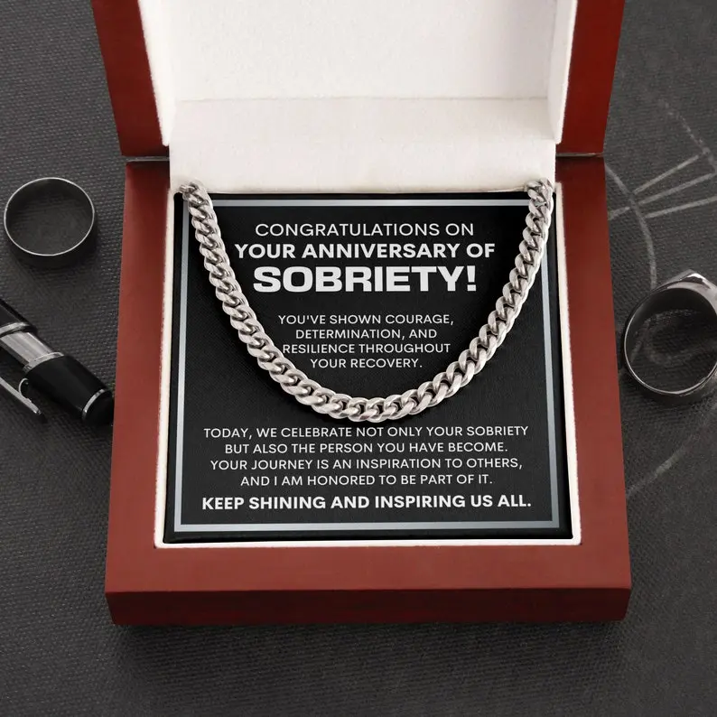 Sobriety Anniversary Gift Necklace, 10 Year Sobriety, 1 Year Sober Gift, Sober Anniversary Gift, 12 Step Recovery, Sobriety Gift For Men Gold Statement Chain