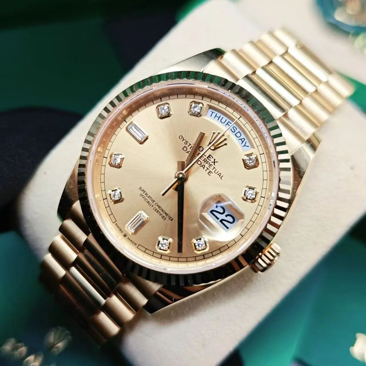 Unworn Rolex Day-Date 128238 Champagne Diamond Dial 36mm Yellow Gold President Bracelet Full Set Dated May 2026