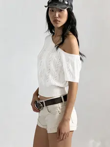 2026 Spring Summer Boho Style Warm Neutrals Color Hollow Out  Asymmetric Shoulder Cable Knit Top, Clean Girl Quiet Luxury Style Minimalist Earth Tones Design Short Sleeve  Sweater, Perfect Sexy Cropped Knitwear for  Summer Beach Vacations Y2K Fashion