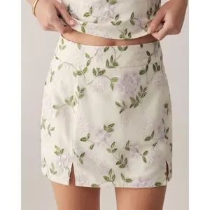 Beige Floral Straight Mini Skirt