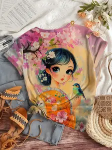 Chic Sakura Girl Illustration Print Knit Lightweight T-Shirt Top, Perfect Summer Casual Wear, Fitted Style for Daily, Standout Fashion Essential!