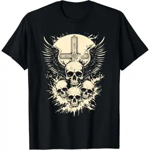 Casual Round Neck Shortsleeve Fashion Cotton Graphic Tees Streetwear Gothic Skull Cross Art Wings Grunge Punk Y2K Emo Aesthetic T-Shirt