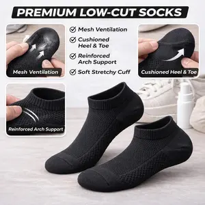 Black ankle socks — breathable mesh fabric, arch support, non-slip casual socks