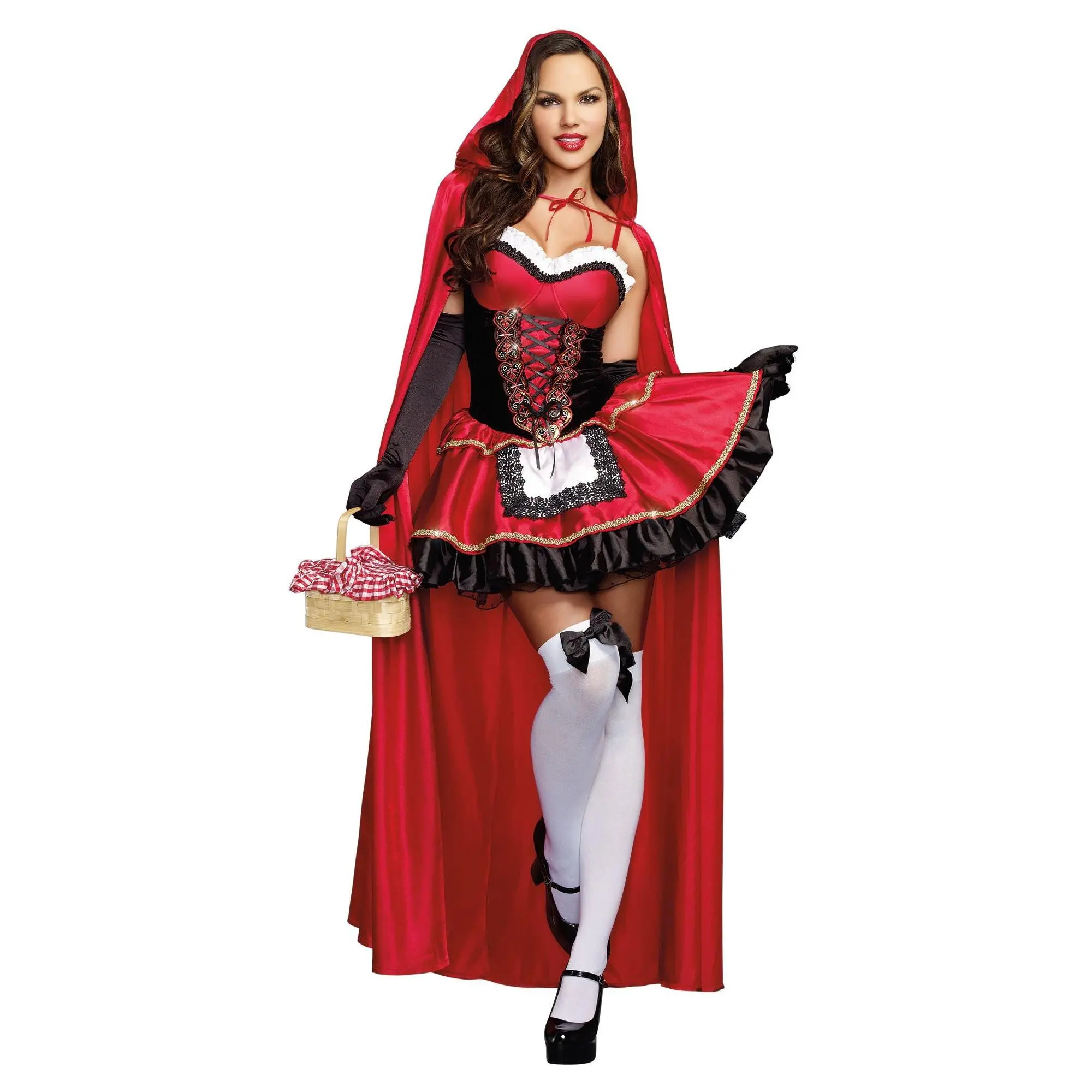 Red Riding Hood Women Costume - Elegant Embroidered Dress with Pleated Ruffles & Heart Trim - Traditional Fairytale Theme - Autumn Womenswear