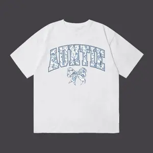 Vintage Washed AUNTIE Bow Print T-Shirt for Women, Oversized College Style Short Sleeve Top