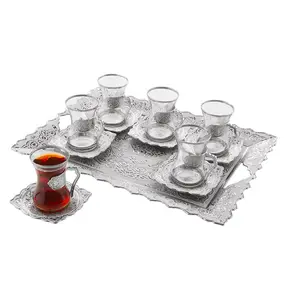 Turkish 7 Piece Tea Cup Set | Ottoman Style with Rectangular Tray - #162 Silver