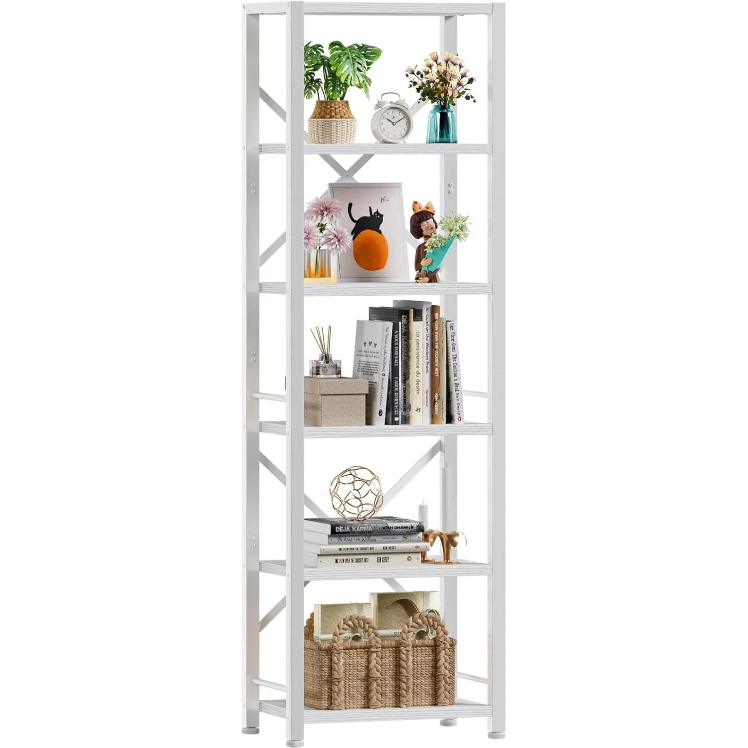 White Tall Bookshelf, Narrow Bookcase with 6 Shelves, Modern Freestanding Shelf Units, Metal and  Display Storage Corner Rack Organizer for Living Room, Home Office, Hallway, Bathroom