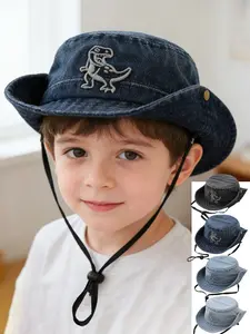 Kids Cartoon Dinosaur Denim Fisherman Hat, Sunhat for Boys Girls, Fashionable Sun Protection for Outdoor Play, Ideal for Ages 3-6