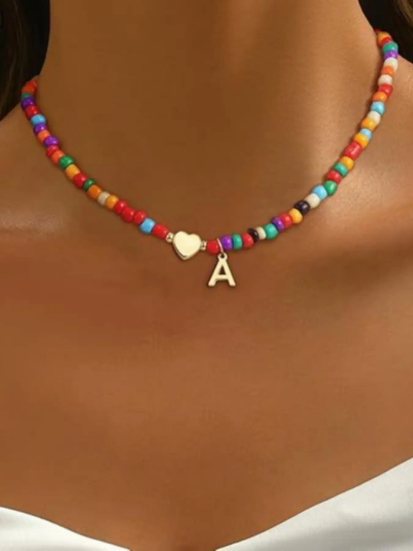 1 Piece Bohemian Colorful Rice Bead Heart Letter Necklace, Boho Style Necklace, Trendy Accessories, Casual A-Z Letter Heart Jewelry Accessory for Women, Gift for Family, Friends and Lovers, Suitable for Beach Holidays