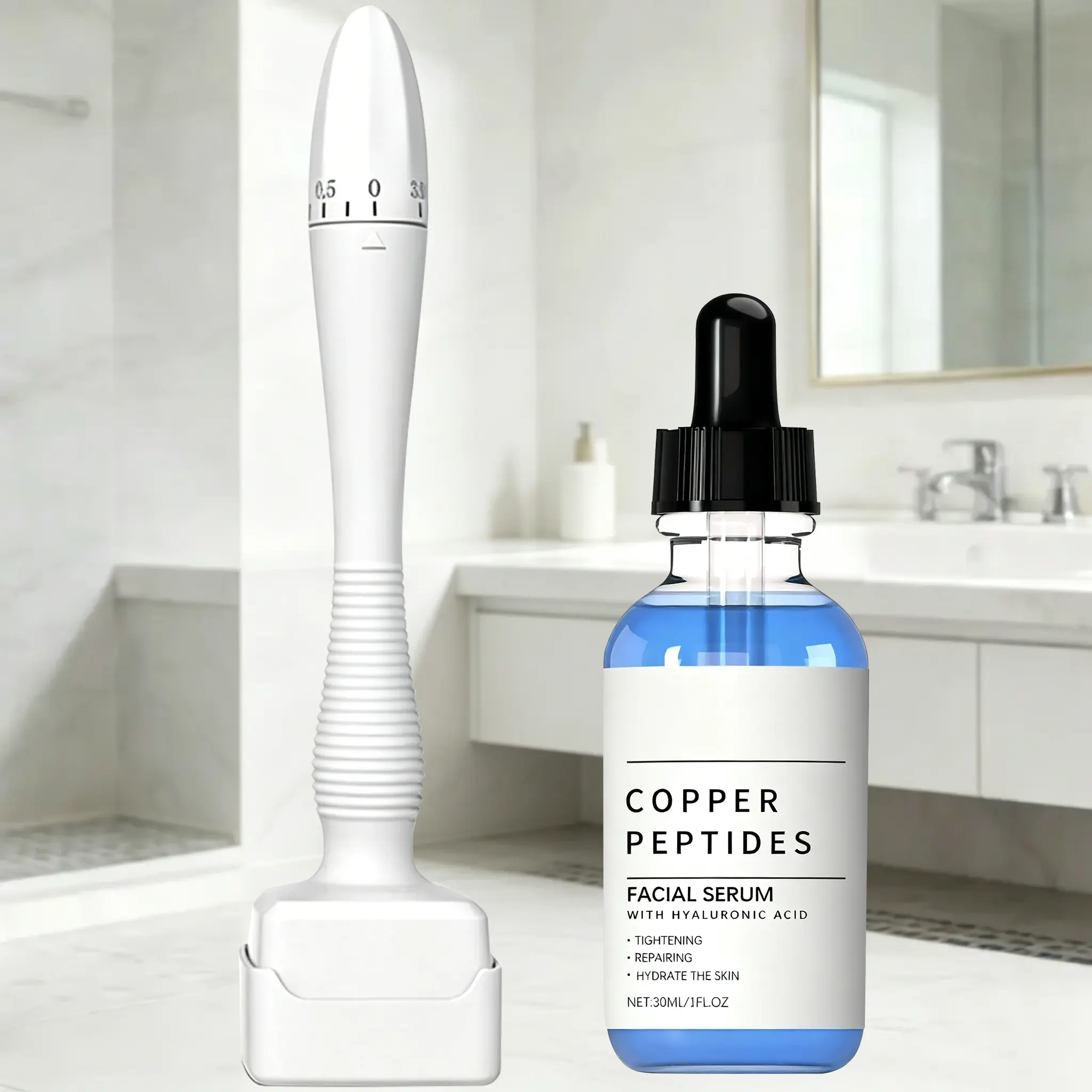 0.25mm Titanium Daily Beauty Tool & GHK-Cu Copper Peptide Serum Set Bundle, Facial Skin Repair Kit with Hyaluronic Acid, Hydrating, Nourishing, Fragrance-Free, Vegan, Cruelty-Free for All Skins (30ml, Face Use), Copper Peptides