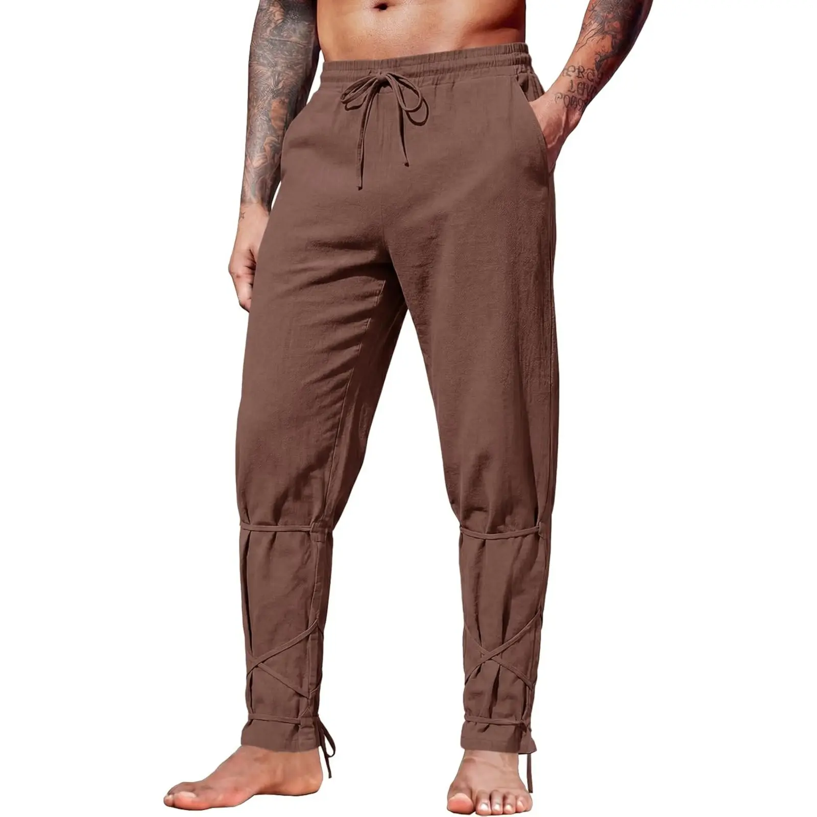 Runcati Mens Medieval Pirate Pants Renaissance Viking Navigator Ankle Banded Pants Cotton Lace Up Halloween Costume Trousers