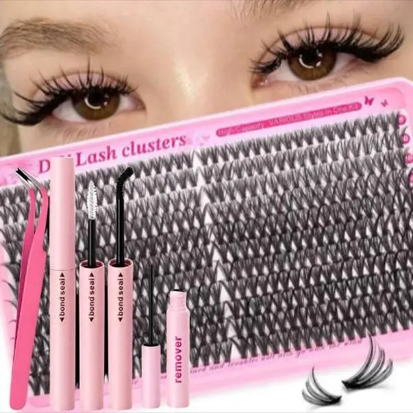 Lash Clusters with Bond,Seal,lash remover, Wispy, DIY Extension Kit, Individual Clusters, Cluster Eyelashes, At-Home Extensions, Doll Eye, Spiky, Wet Look, False Eyelashes, Eyelash Extension Kit, Bond & Seal, Applicator Tweezers Makeup