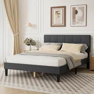 Full Size Wood Bed Frame - Linen Upholstered Platform Bed with Headboard, No Box Spring Needed with 800LBS Sturdy Wooden Slats Support, Noise Free, Easy Assembly, Dark Grey