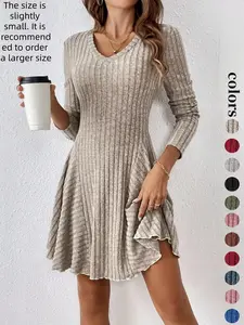 Women's Plain Lettuce Trim V Neck A Line Dress, Casual Long Sleeve Short Dress for Fall & Winter, Ladies Clothes for Daily Wear