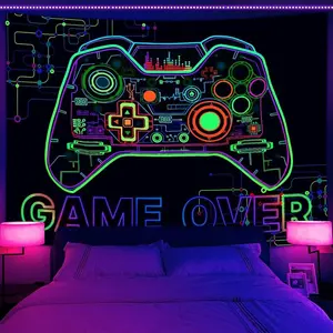 Blacklight Game Wall Tapestry for Men Boys, UV Reactive Techno Gamepad Black Light Posters, Game Room Wall Hangings Decor 60X40in  Decoration Neon