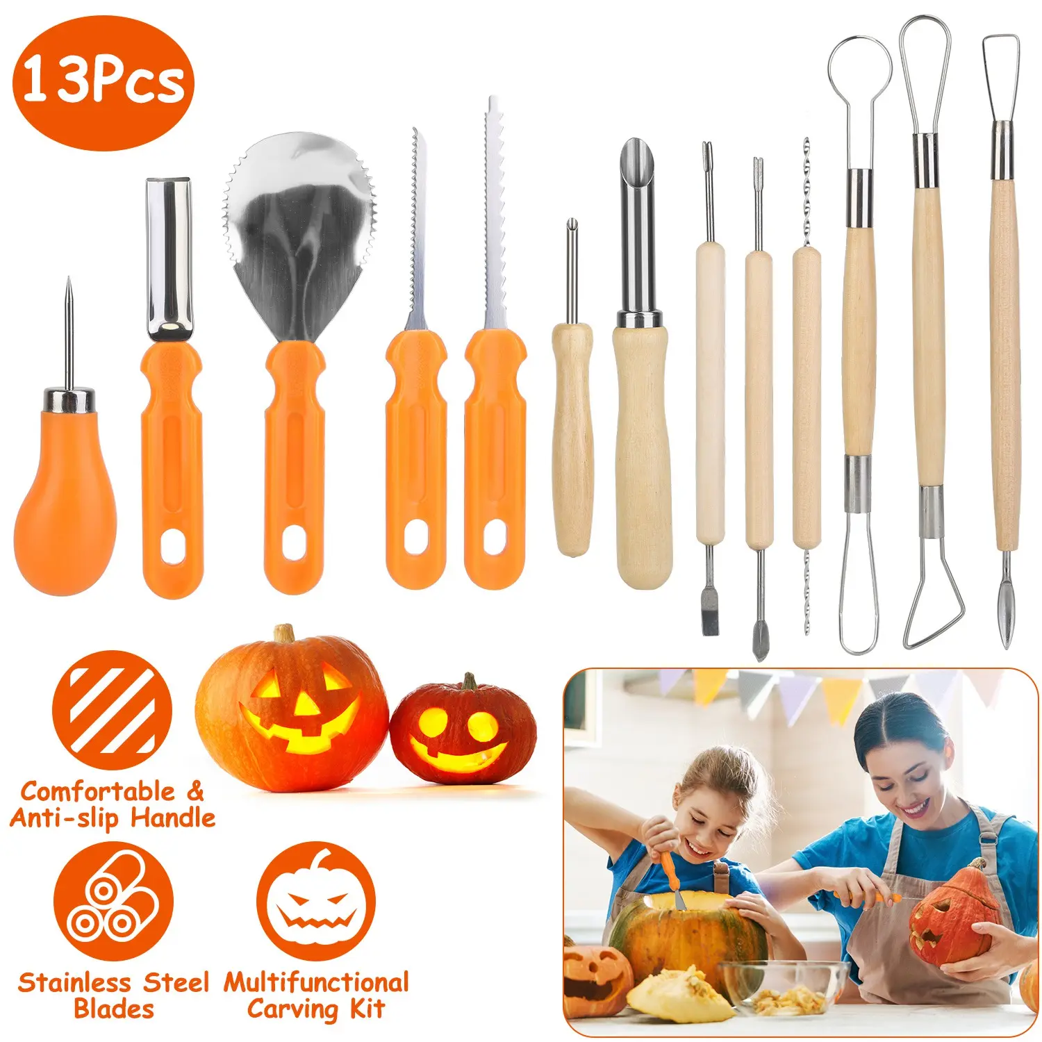 13-Piece Halloween Pumpkin Carving Kit - Stainless Steel Cutting Tools Set (13×Pumpkin Carving Tools, 20×13×3 cm, 262 g) for DIY Jack-O-Lantern Festive Decorations, Requires Adults Supervision