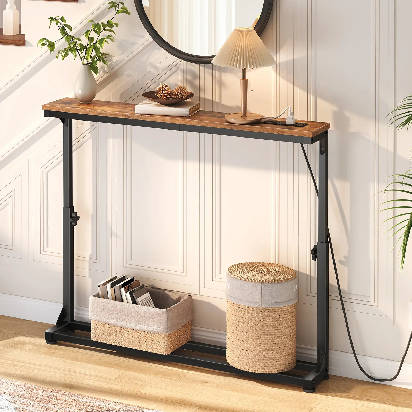 HOOBRO Adjustable Height (25''-32.9'')  Narrow Console Table, Behind Couch Table with Power Outlets, Narrow Long Sofa Table, 39.4" W x 5.9" D, for Living Room, Entryway, Rustic Brown #SummerVibes