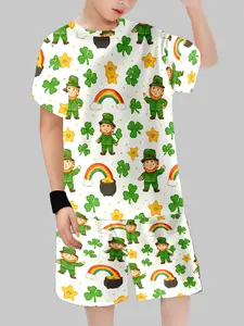 St Patrick's Day Street Style Set, Fairy Clover Rainbow Print, Cute and Eye-Catching, Casual Fitted, All over Print
