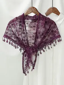 Women's Vintage Lace Triangle Shawl, Fashion Shawl, Dress Shawl, Rose Pattern with Fringe, Multifunctional Scarf, Elegant Neck Decoration, Perfect for Weddings and Valentine's Day Gifts, Fringe Trim Shawl