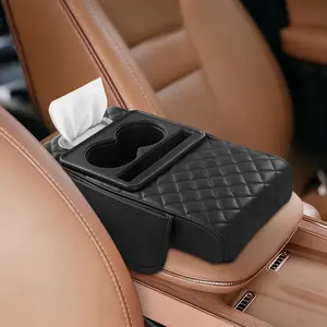 5-in-1 Car Armrest Cushion, Multifunctional PVC Leather Center Console Armrest Pillow Elbow, Universal Arm Box Pad Cover with Cup Holder, Phone Slot, Tissue Box Slot & 2 Storage Bags, Black