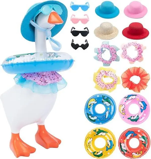 Unisex 16-Piece Soft Felt Hawaiian-Style Desk Goose Set - 4 Mini Hats, PVC Swim Rings, Swimsuit, PP Sunglasses - For 7-Inch Mini Desktop Geese - Pool Party Use, Office Desk Decor (Teacher Gifts)