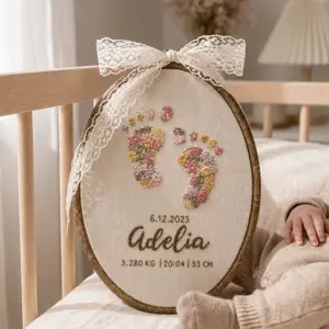 Personalized Embroidered Baby Name Hoop, Floral Footprint Birth Detail Sign, Newborn Keepsake Wall Decor, Baby Shower Gift