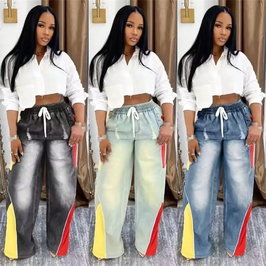 Color Block Jeans - Stylish Fashionable Design with Colorful Accents & Drawstring Detailing for All Seasons Versatile Trendy Look
