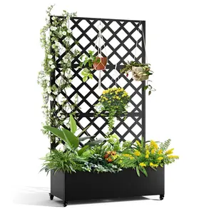 Garvee Metal Planter Box with Diamond Lattice Trellis - 72"x47" Galvanized Raised Garden Bed on Wheels for Climbing Plants and Vines, Black Finish