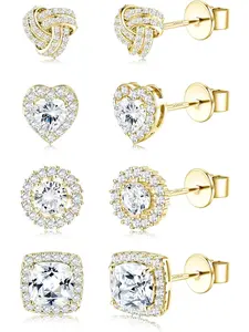 4 Pairs Sterling Silver CZ Stud Earrings for Women 14K Gold Plated Brilliant Celtic Heart Big Stud Earrings Set Cubic Zirconia Earrings Studs for Sensitive Ear Heart Shaped Earrings
