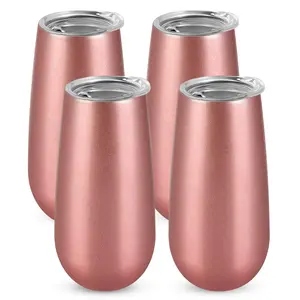 4 Pack Stemless Double Insulated Champagne Flute Vacuum Insulated Tumbler with Lid, 6 Oz Unbreakable Reusable Cocktail Champagne Toasting Glasses, Great Gift for Friends Family Christmas Birthday, Rose Gold