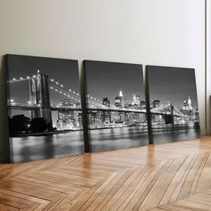 3pcs Wooden Framed Canvas Wall Art, Modern City Bridge At Night Classic Art Deco Style, Waterproof & Odorless HD 8K Print, Indoor/Outdoor Home Decor for Living Room, Bedroom, Office - Perfect Gift for Friends & Family