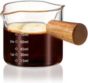 Espresso Cups with Wood Handle, Clear Glass Espresso Accessories, Double Spout Glass Measuring Cup with Dual Scale, Espresso Shot Glass with V-Shaped Spout, 3.4 OZ / 100 ML
