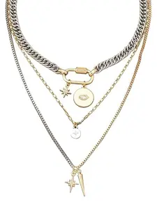Gold Layered stacked Necklaces for women 3PS Chunky Statement Necklaces Stack Mixed Metal Charm Necklace for Women Trendy Coin Jewelry Gift for Her Gifts Fashion Necklace