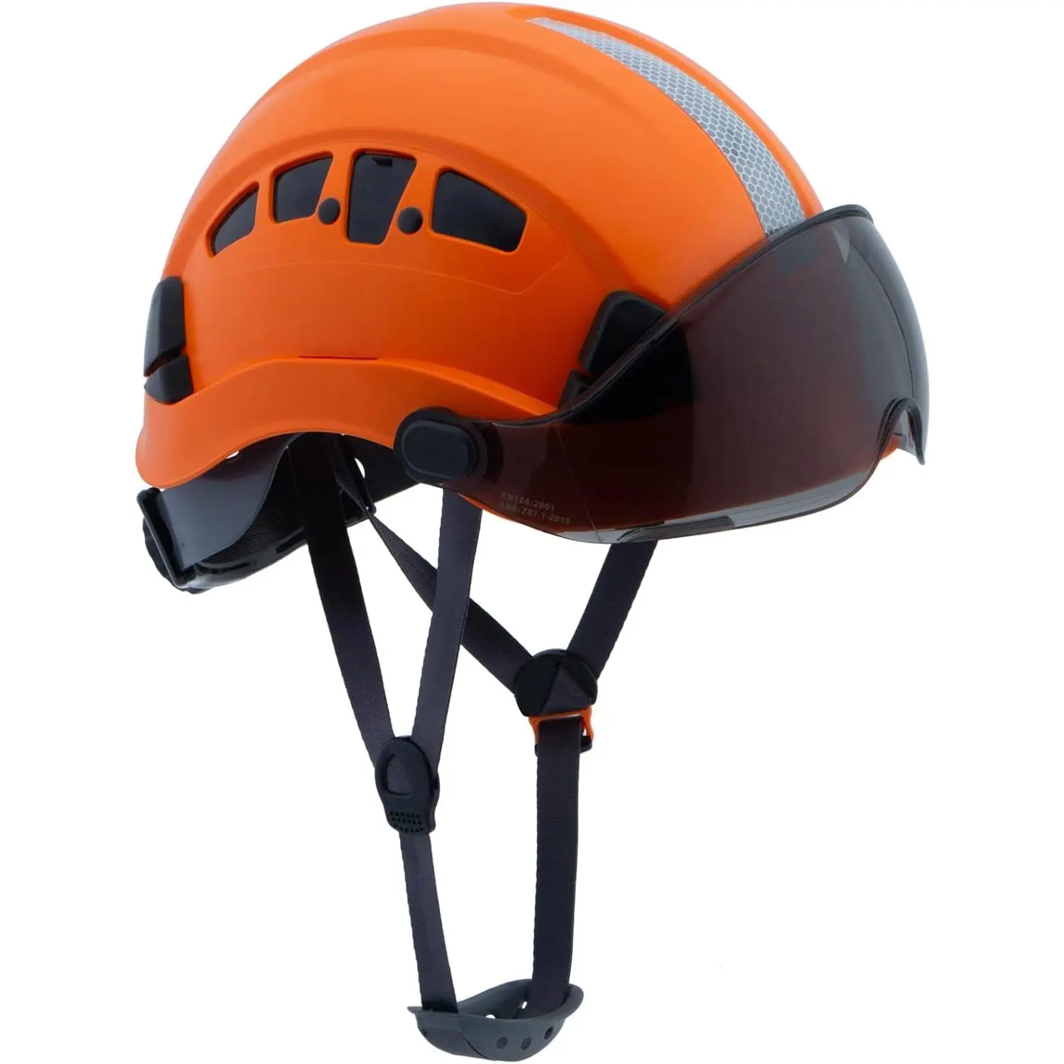 High-Impact ABS Safety Hard Hat, Vented Climbing Style with Integrated Visor, Chin Strap, & Accessory-Ready Side Slots for Arborist Work, Construction & Forestry, All Seasons