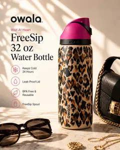 Owala Wild At Heart FreeSip 32oz – Limited Edition Leopard Print Water Bottle with Bright Pink Lid