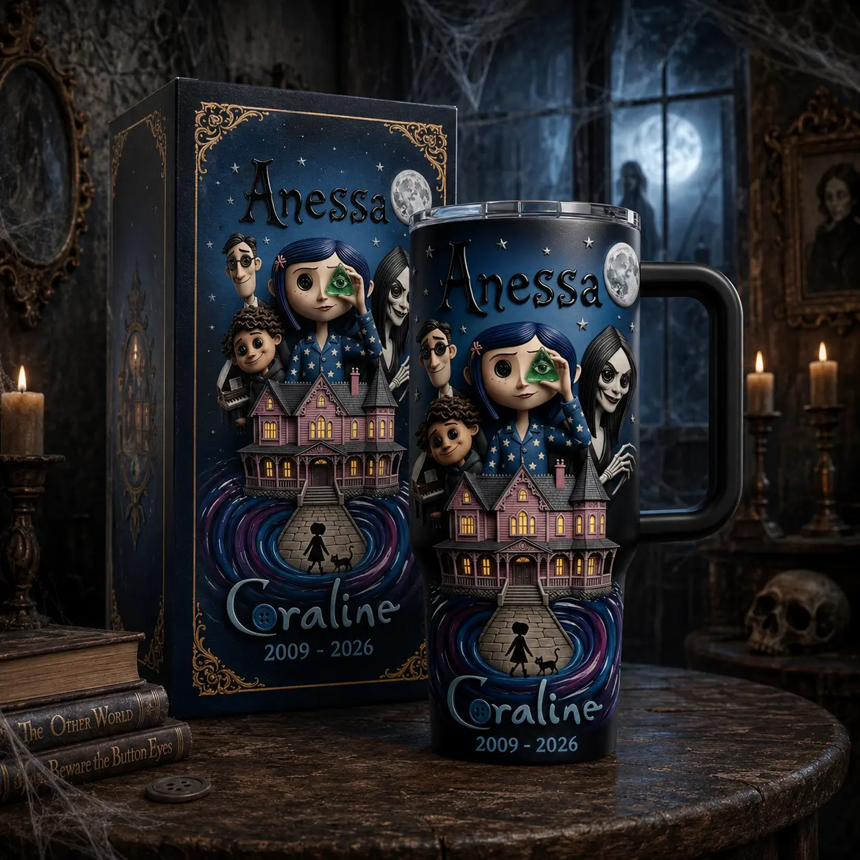 Coraline 2009–2026 40oz Tumbler with Handle, Other World Gothic Collector Cup, Button Eyes Fantasy Movie Inspired Insulated Travel Mug, Dark Halloween Drinkware, Coraline Fan Gift
