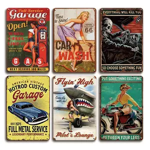 6pcs Pin Up Girl Tin Sign Garage Poster Wall Art Decorative Metal Signs & Plaques For Home Man Cave Garage Bar Pub Cafe Shop Store Decoration Vintage Garage Signs