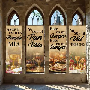 4 Pcs Religious Banners, Polyester Material Christian vertical banners with scripture Eucharist pattern suitable for church sanctuary home prayer room wall decor religious celebration decoration hanging flags